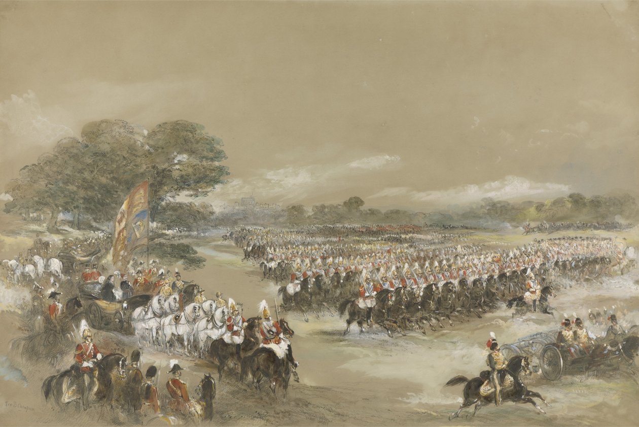 Royal review at Windsor, Queen Victoria and Khedive Ismail Pashe of Egypt, June 26th, 1868 (wc, gouache and black chalk) by George Bryant Campion