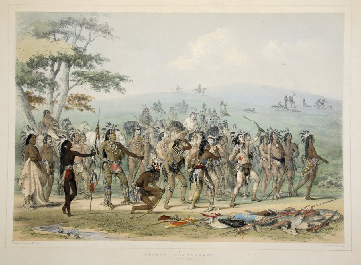 Archery of the Mandans , from Catlins North American Indian Portfolio. Hunting Scenes and Amusements of the Rocky Mountains and Prairies of America, pub. 1845  by George Catlin