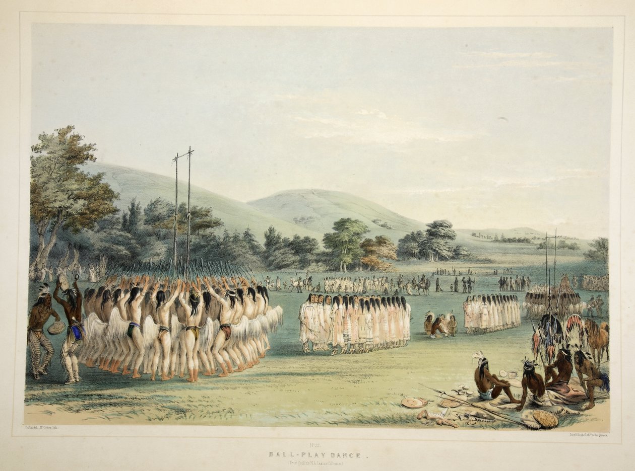 Ball-Player Dance, from Catlins North American Indian Portfolio. Hunting Scenes and Amusements of the Rocky Mountains and Prairies of America, pub. 1845  by George Catlin