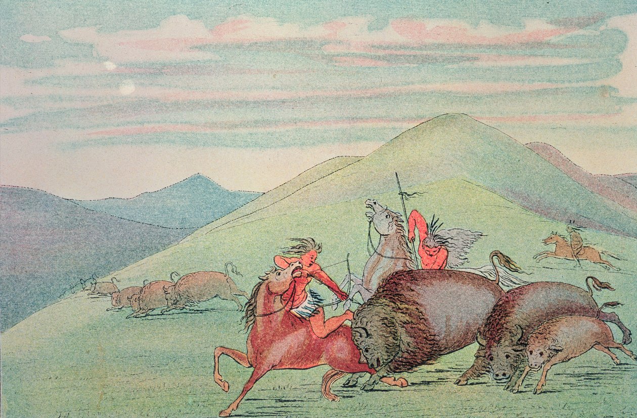 Buzağı ve anneyi saldırı altında koruyan bufalo boğa by George Catlin