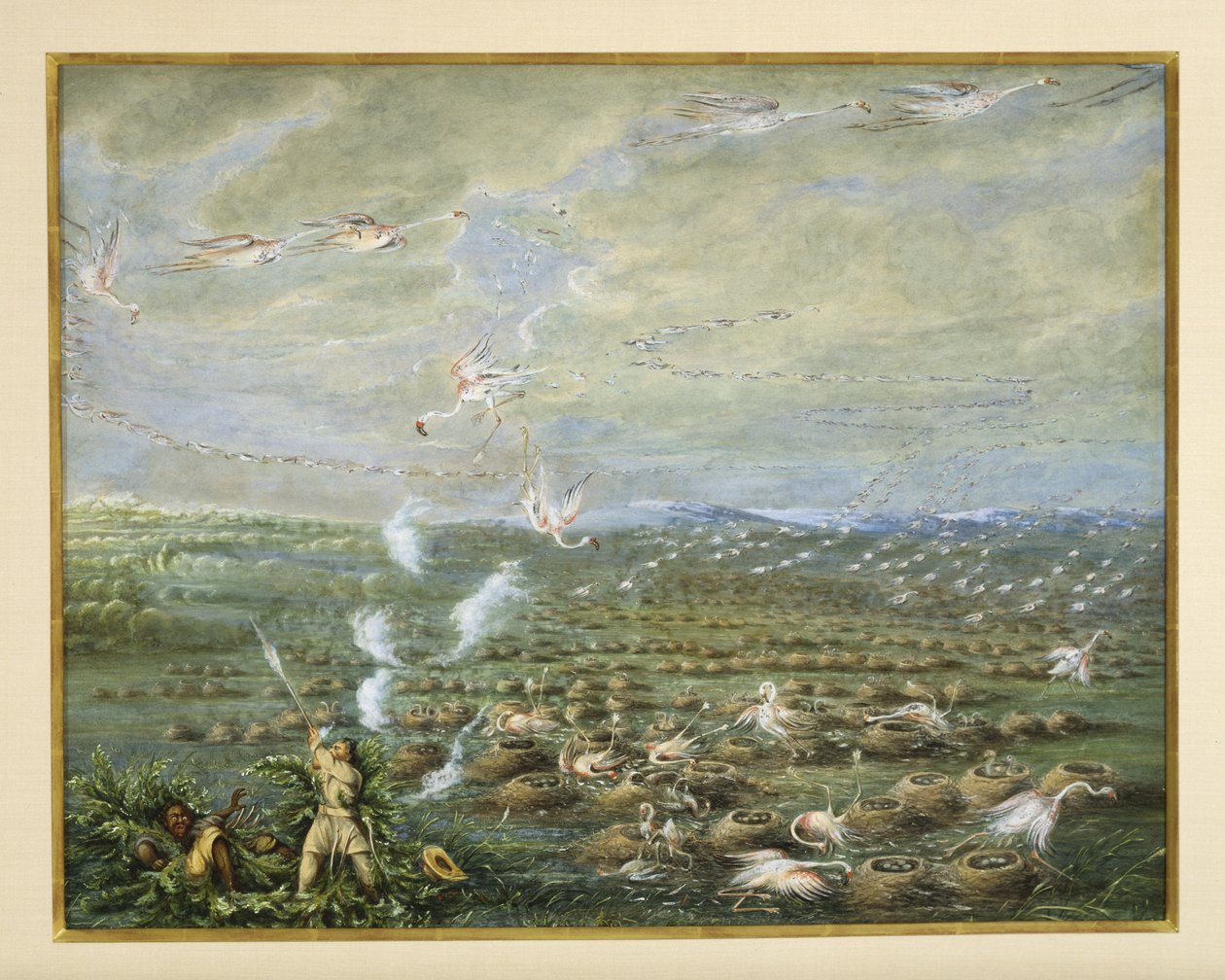 Flamingo Shooting in South America, 1856 (gouache & wc on paperboard) by George Catlin
