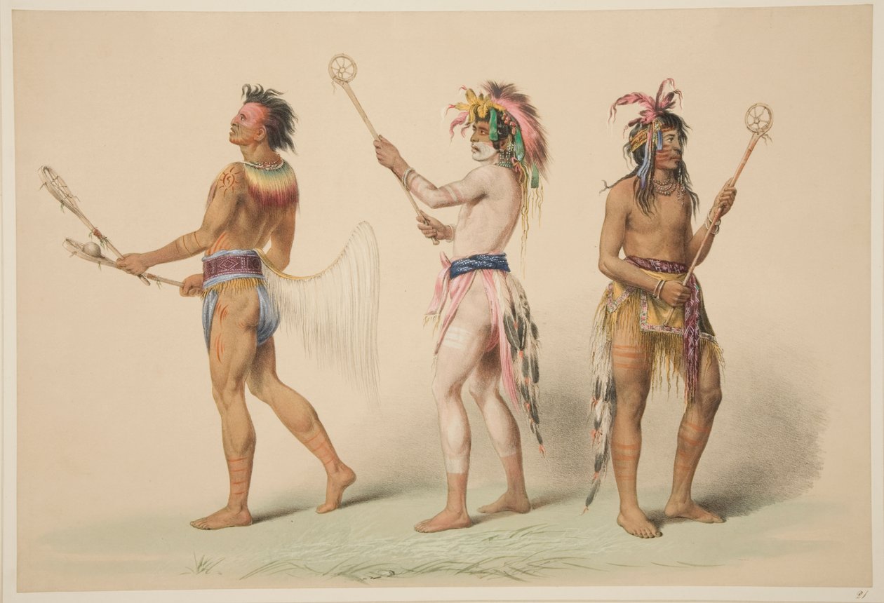 Illustration of Lacrosse Players, from Illustrations of the Manners, Customs & Conditions of the North American Indians, London, 1845 (hand-coloured engraving) by George Catlin