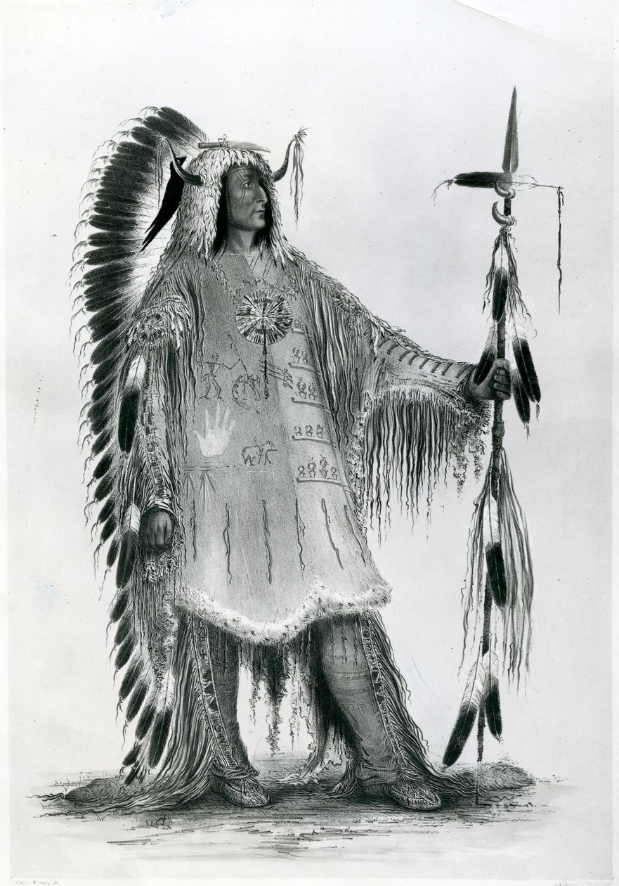 Mato-Tope, Mandan halkının ikinci şefi, 1833 dolayları (bw litho) by George Catlin