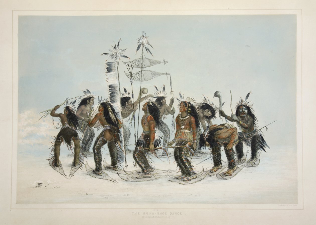 The Snow Shoe Dance, from Catlins North American Indian Portfolio. Hunting Scenes and Amusements of the Rocky Mountains and Prairies of America, pub. 1845  by George Catlin