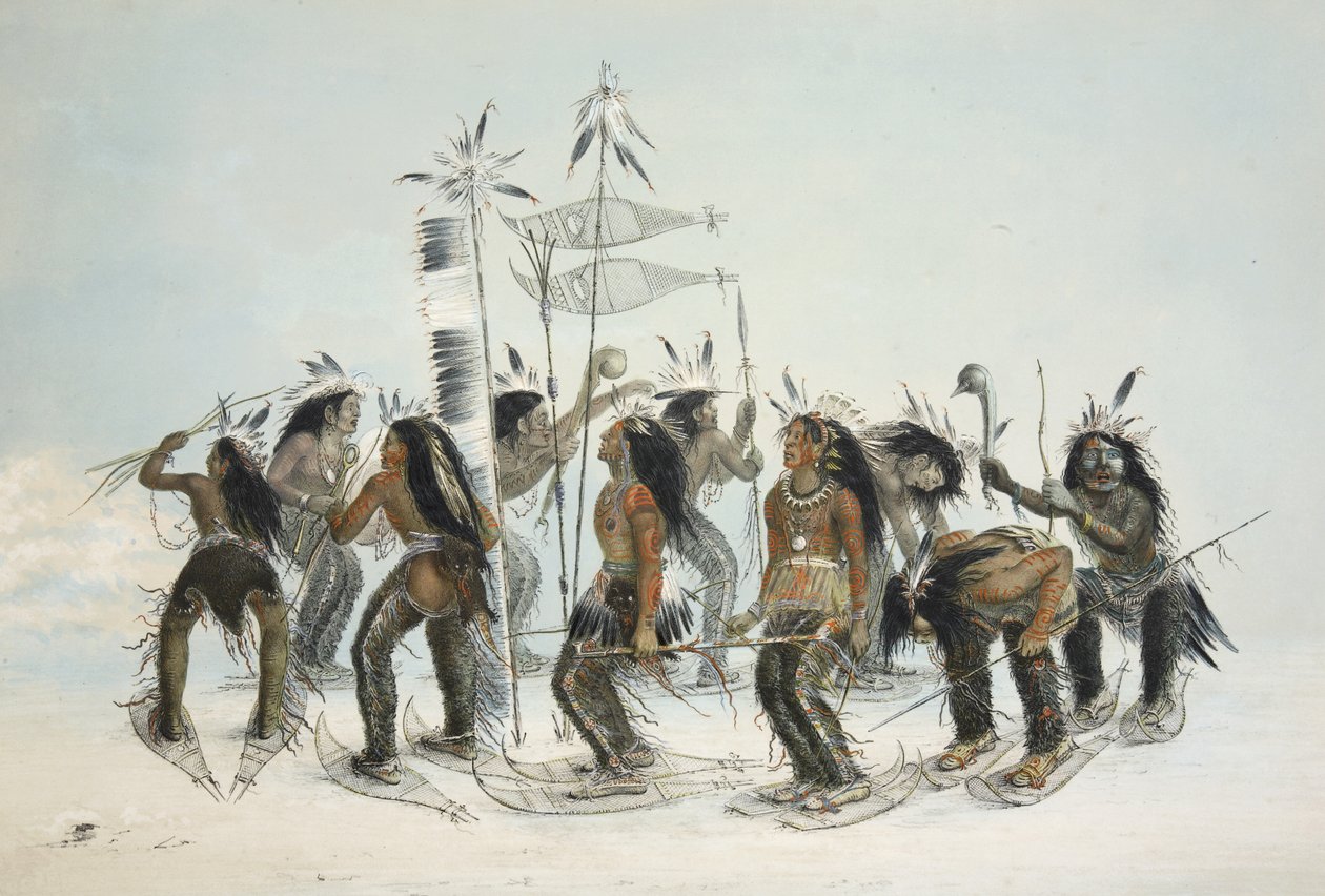 The Snow Shoe Dance,from Catlins North American Indian Portfolio. Hunting Scenes and Amusements of the Rocky Mountains and Prairies of America, pub. 1845  by George Catlin