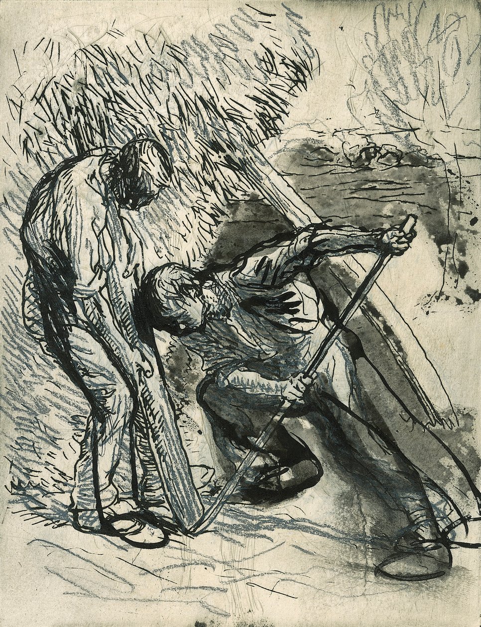 Propping the Rick, c.1900 (bir prova gravürü üzerine kurşun kalem, tükenmez kalem ve mürekkep) by George Clausen