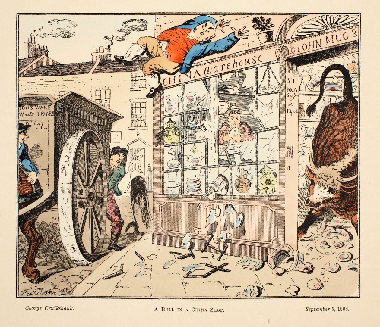 Çin Mağazasında Bir Boğa, pub. 1808 (el renkli gravür) by George Cruikshank
