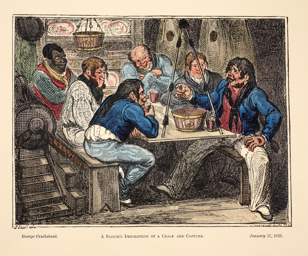 Bir Denizcinin Kovalama ve Yakalama Açıklaması, pub. 1822 (el renkli gravür) by George Cruikshank