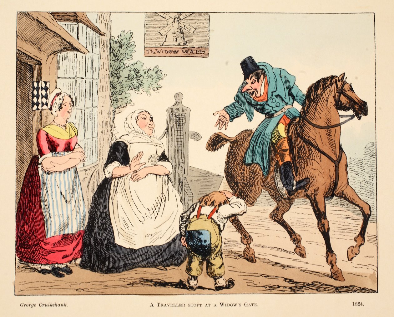 Bir Dul Kapısında Bir Yolcu Durdu, pub. 1824 (el renkli gravür) by George Cruikshank