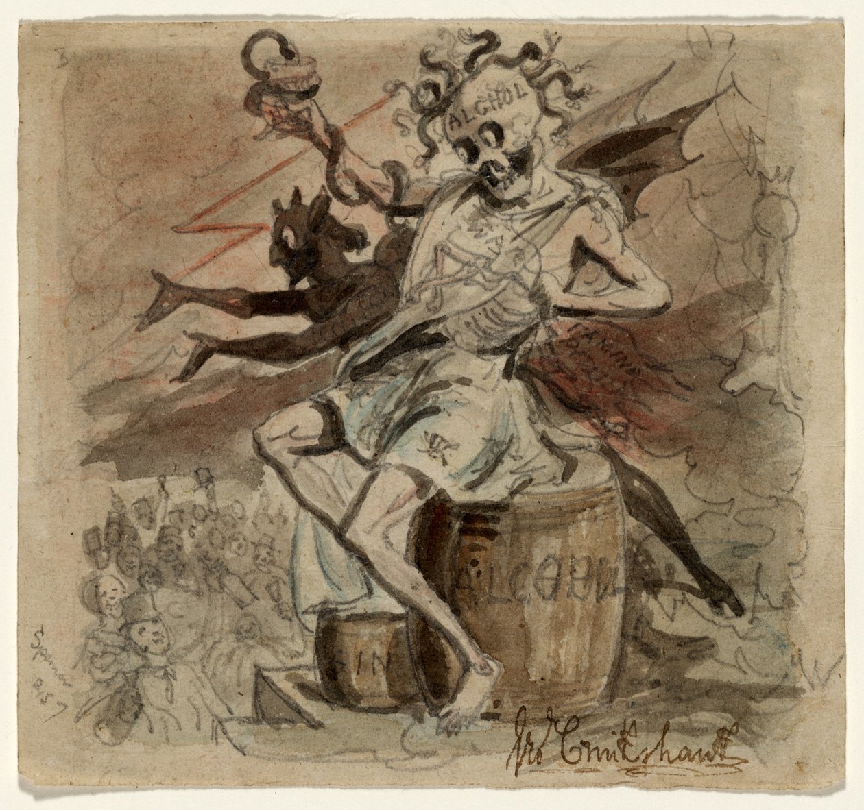 Alkol, Ölüm ve Şeytan, 1830 (kağıt üzerinde wc) by George Cruikshank