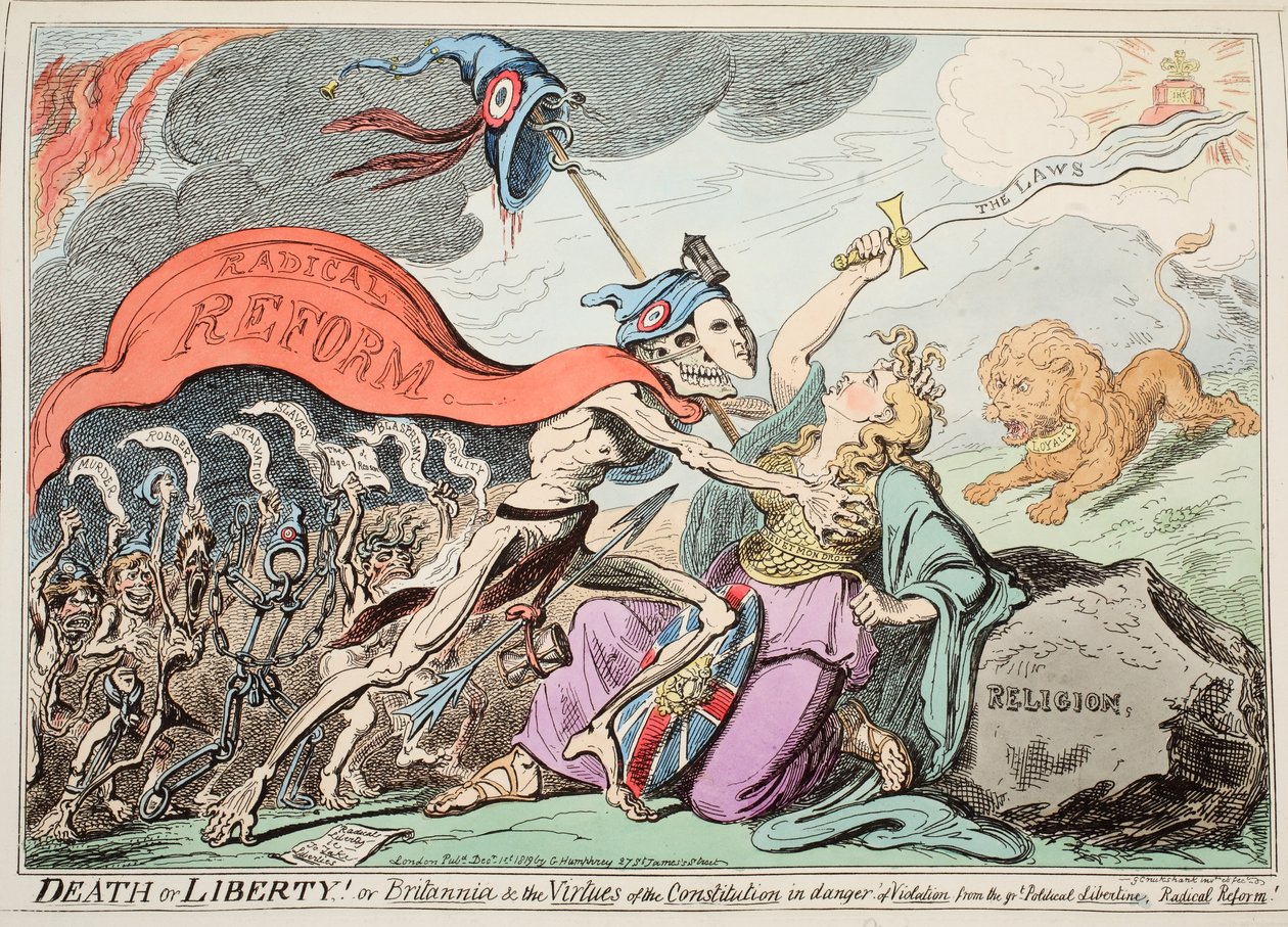 Ölüm ya da Özgürlük! Veya Britannia und the Virtues of the Religion, Büyük Siyasi Özgürlük, Radikal Reform!, pub. 1819 (el renginde gravür) by George Cruikshank