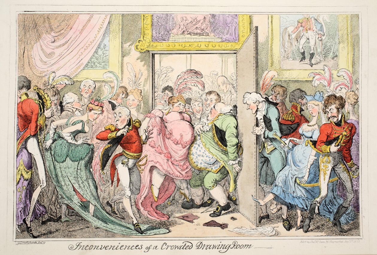 Kalabalık Bir Çizim Odasının Rahatsızlıkları, pub. 1835 (el renginde gravür) by George Cruikshank