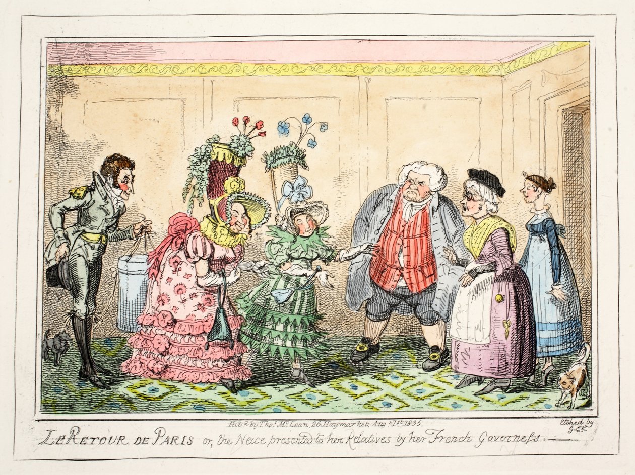 Le Retour de Paris veya Fransız Mürebbiye tarafından Akrabalarına Sunulan Yeğen, pub. 1835 (el renginde gravür) by George Cruikshank