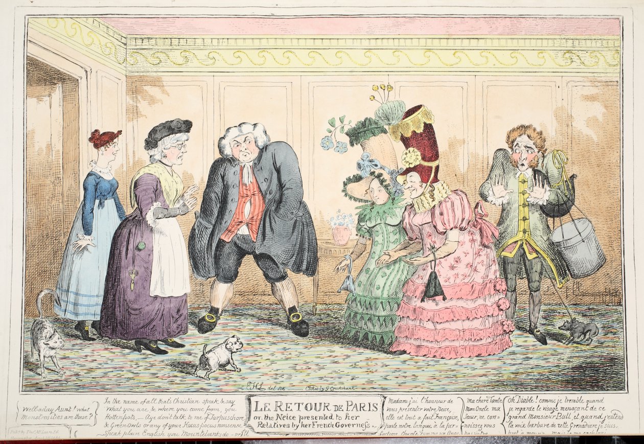 Le Retour de Paris veya Fransız Mürebbiyesi tarafından Akrabalarına sunulan Yeğen, 1816 (el boyaması gravür) by George Cruikshank