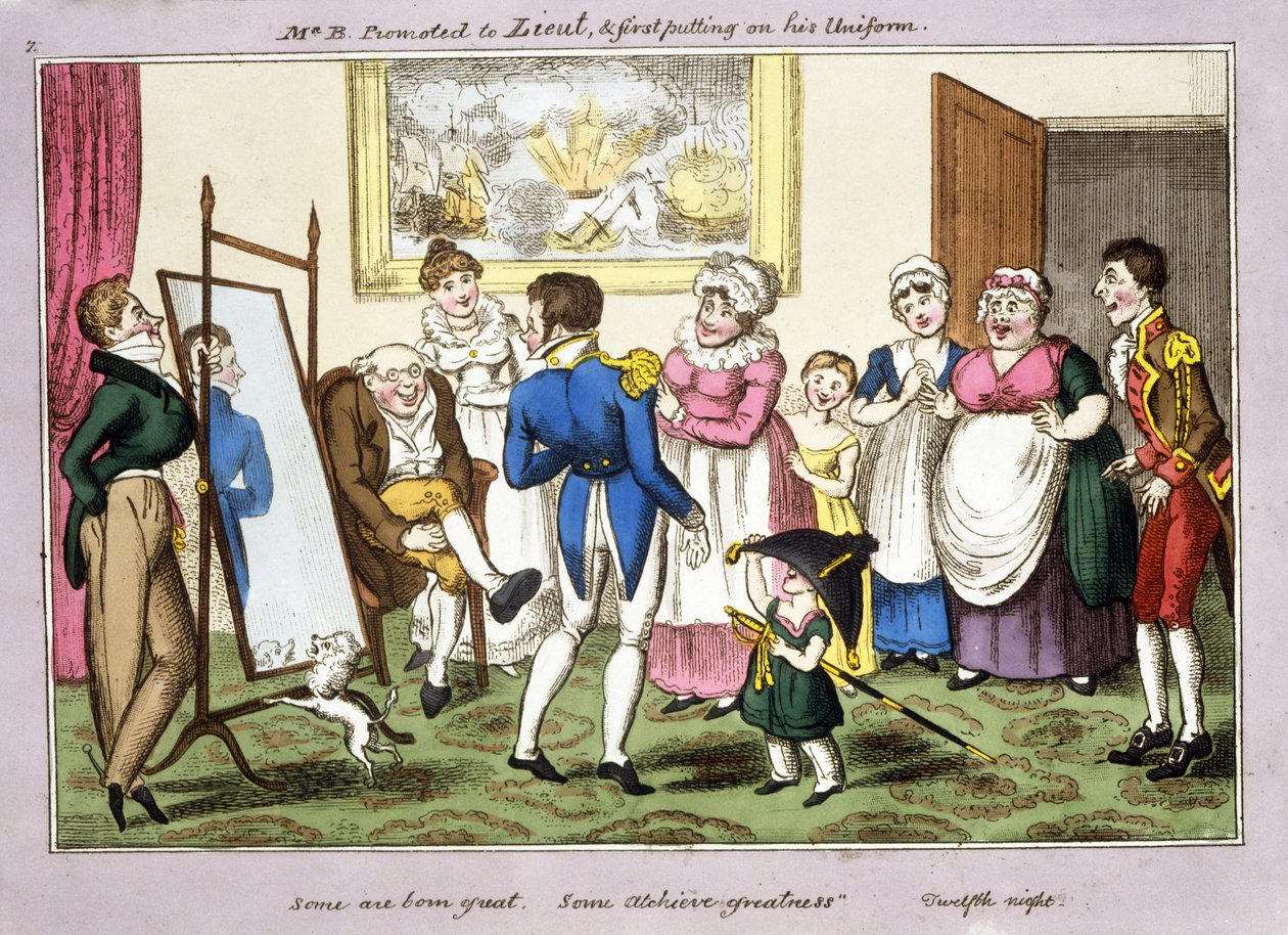 Bay B. Teğmenliğe terfi etti. und ilk üniformasını giyerken, 1835 (el boyaması aquatint) by George Cruikshank