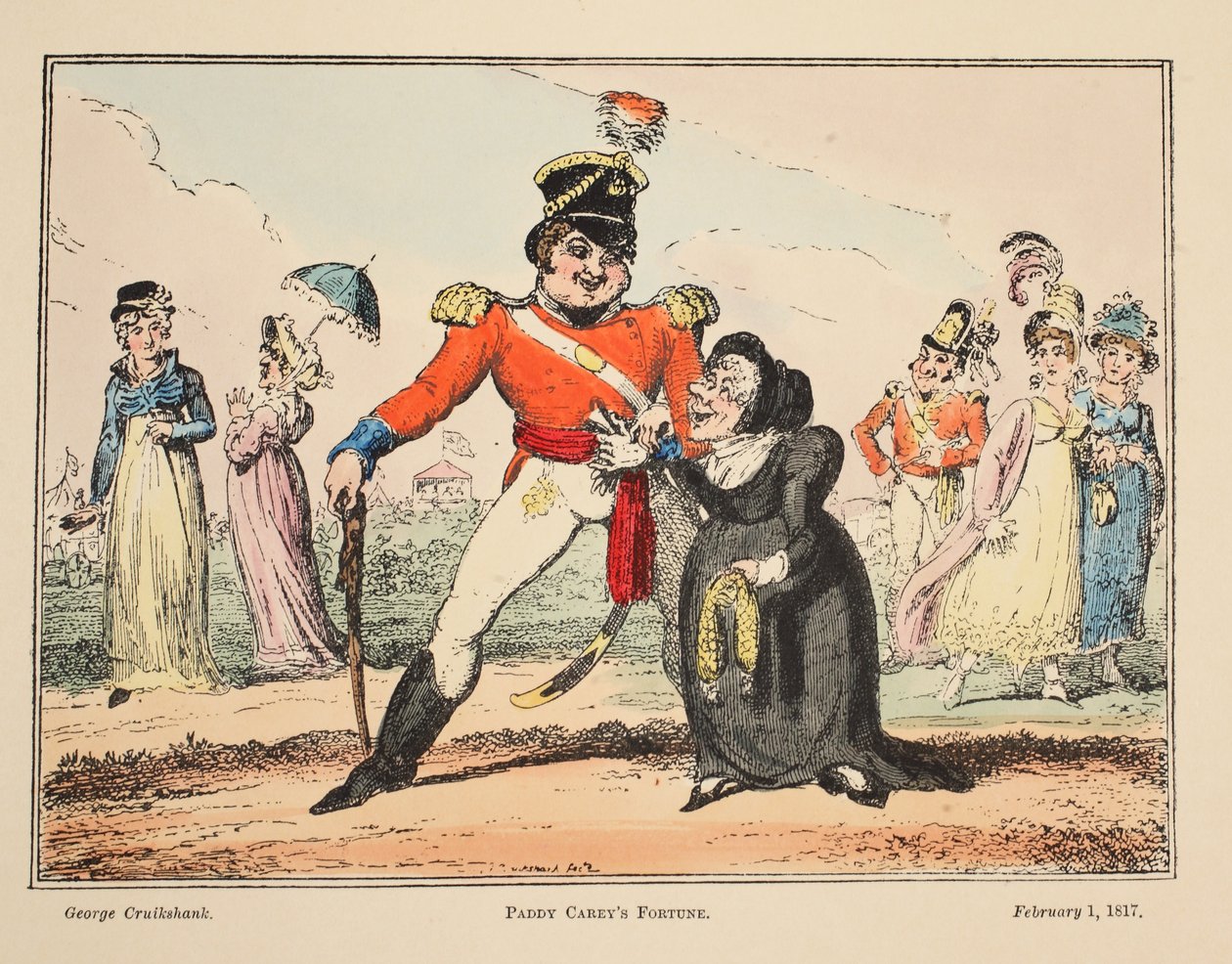 Paddy Careys Fortune, pub. 1817 (el renkli gravür) by George Cruikshank
