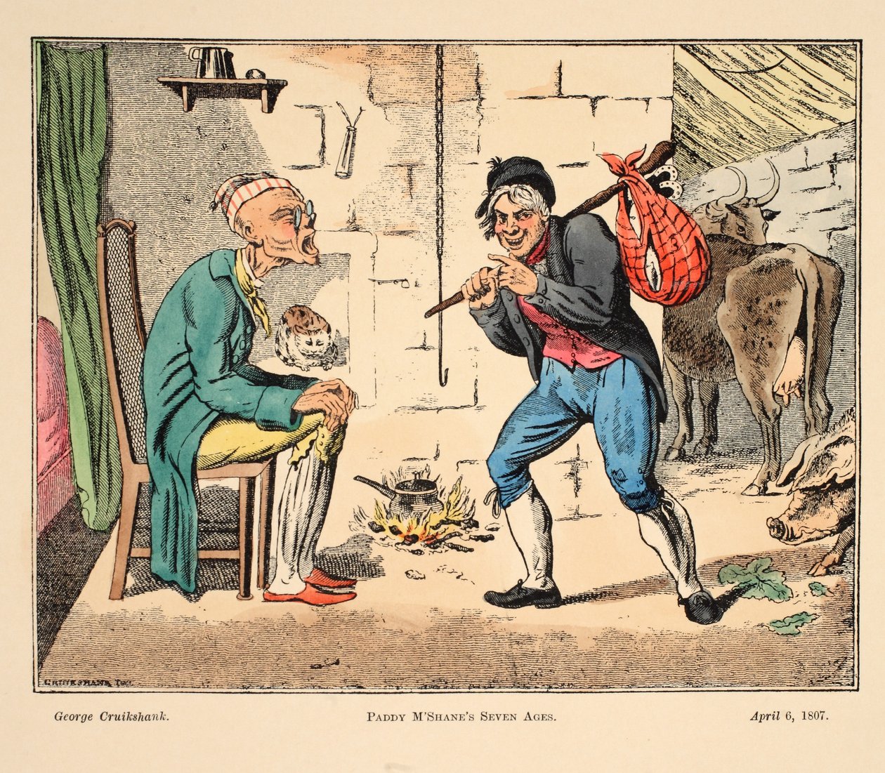 Paddy M'Shane'in Yedi Çağı, pub. 1807 (el renkli gravür) by George Cruikshank