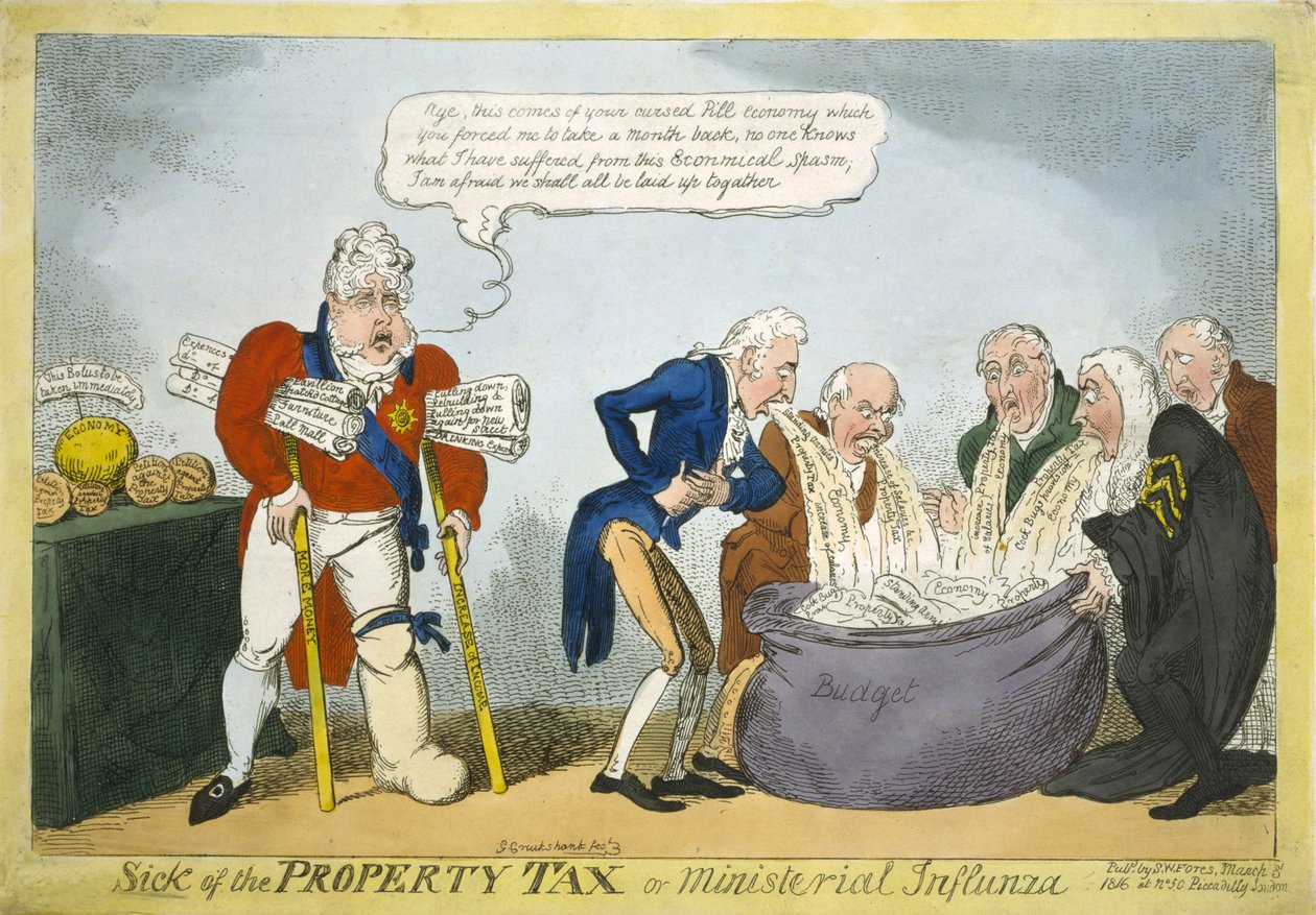 Emlak Vergisi veya Bakanlık Gribinden bıktım, 1816 (el boyaması gravür) by George Cruikshank