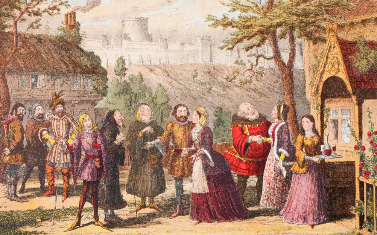 Sir John Falstaff on a visit to his friend Page at Windsor, illustration from The Merry Wives of Windsor, from 