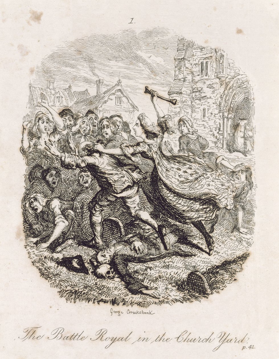 Kilise Avlusunda Kraliyet Savaşı, 'Tom Jones, Bir Buluntunun Tarihi'nden, sanatçı tarafından oyulmuş, 'Henry Fielding'in Eserleri'nden bir örnek, pub. Henry G. Bohn tarafından, 1853 by George Cruikshank