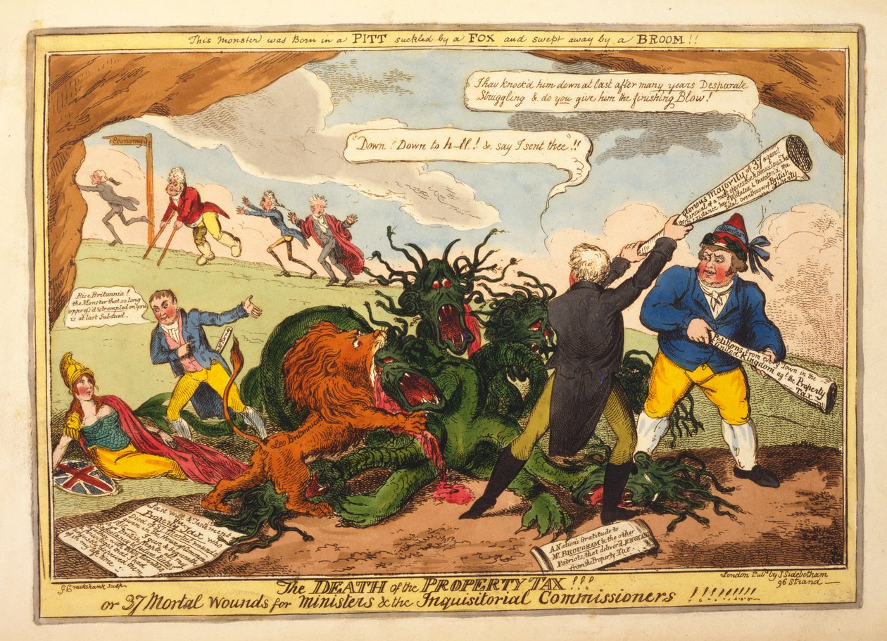 Emlak Vergisinin Ölümü!! veya Bakanlar ve Engizisyon Komiserleri için 37 Ölümcül Yara, yayın. 1816 (el renkli gravür) by George Cruikshank