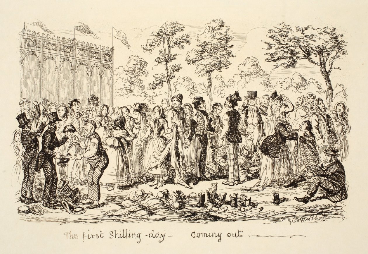 İlk Şilin Günü - Dışarı çıkıyor, pub. 1851 by George Cruikshank