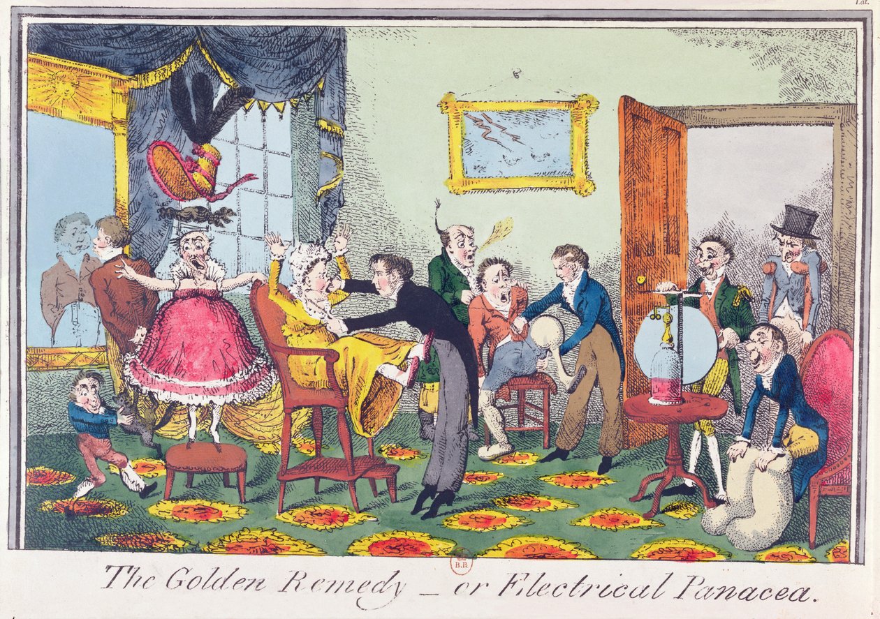 The Golden Remedy veya Electrical Her derde deva, 1818 (renkli gravür) by George Cruikshank