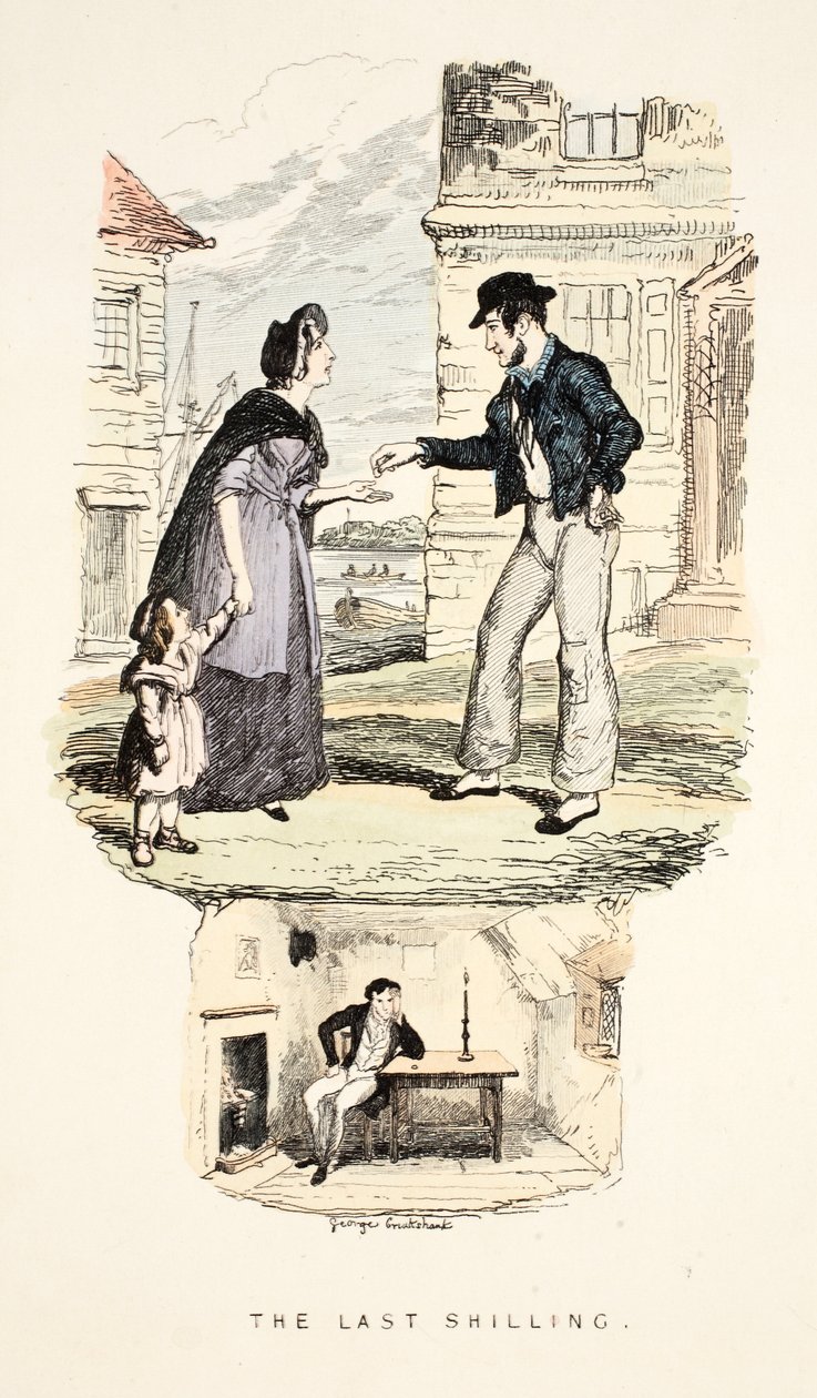 The Last Shilling, 'Songs, Naval and National: Of the Late Charles Dibdin', pub. 1841 (el renkli gravür) by George Cruikshank