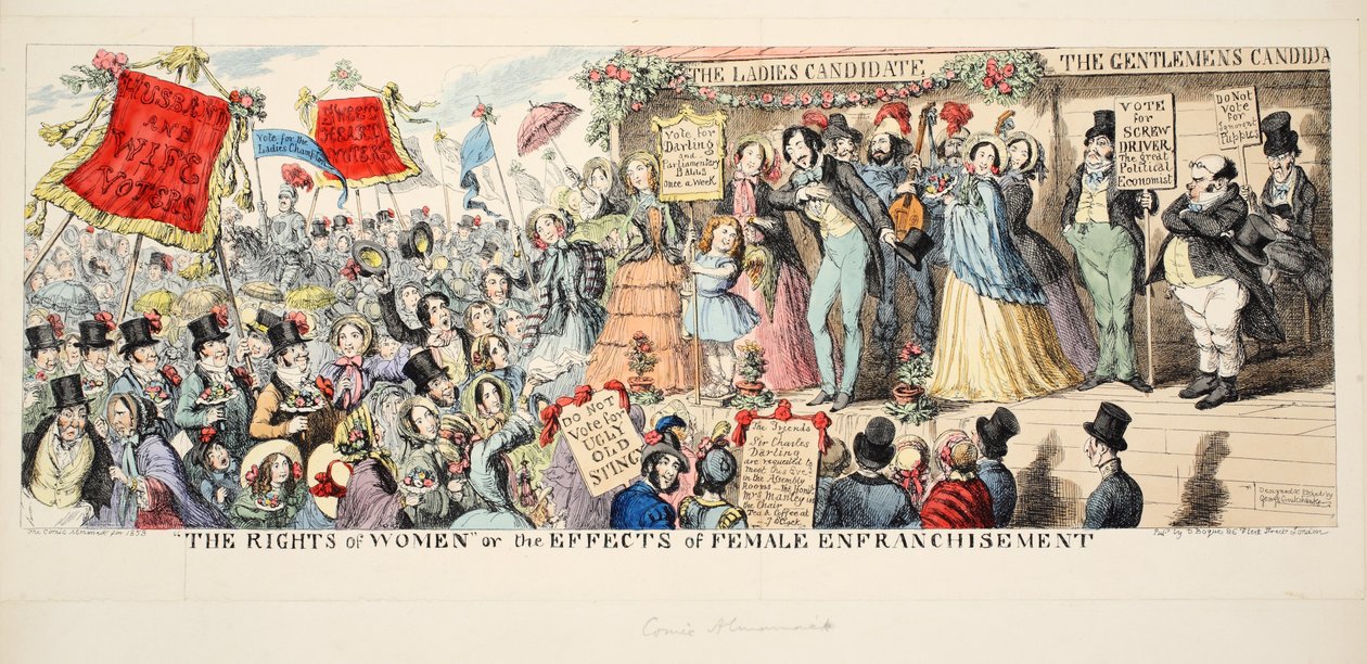 Kadın Hakları veya Kadın Haklarının Etkileri, yay. 1853 (el renkli gravür) by George Cruikshank