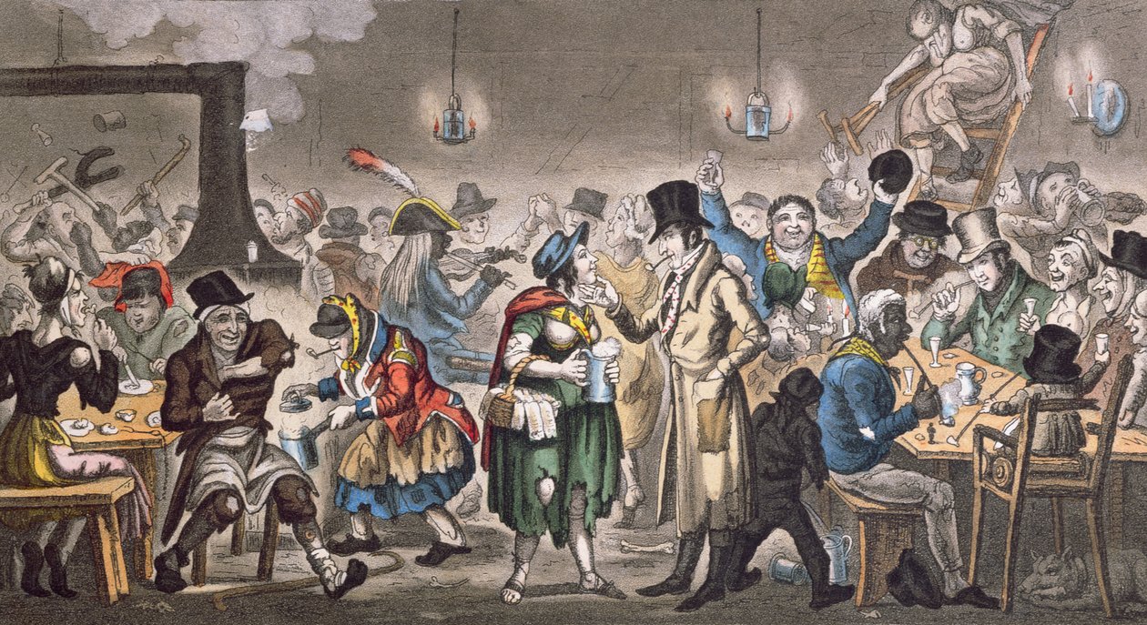 Tom ve Jerry, Pierce Egan (1772-1849), 1821 (renkli aquatint) tarafından yazılan 'Londra'da Yaşam'dan Kutsal Topraklardaki 'Arka Gecekondulardaki' Cadger'ler Arasında 'Maskeliyor' by George Cruikshank