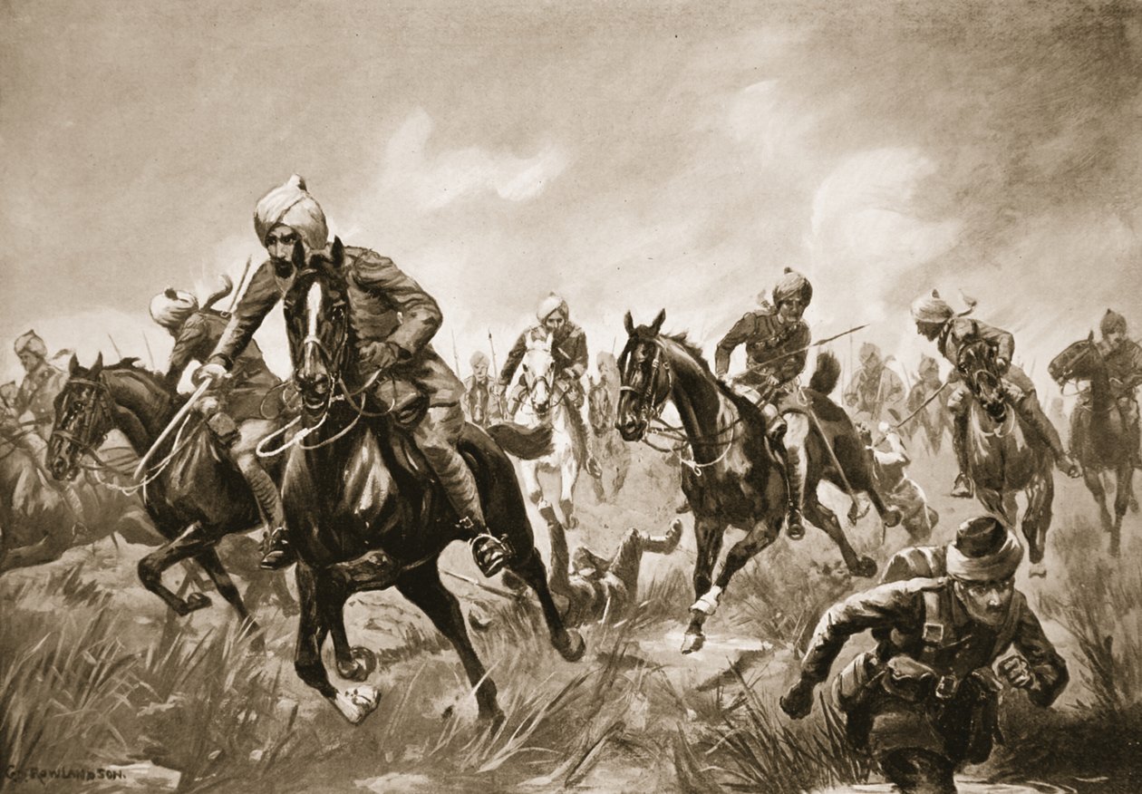 Jemadar Ram-Karan, emekli olan düşmana karşı ağır tüfek ateşi altında birliğine liderlik ediyor by George Derville Rowlandson