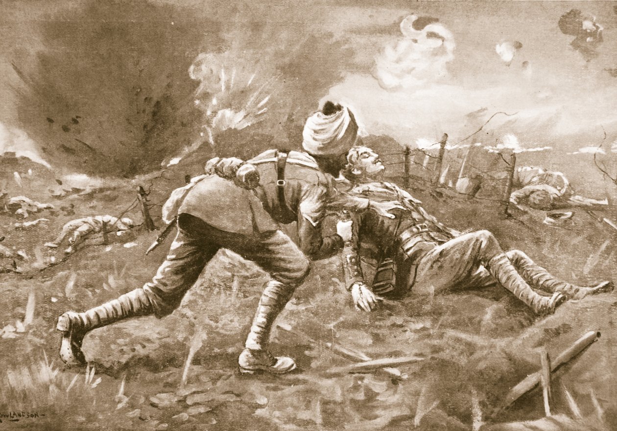 Lance-Naik Lala, düşmana yakın bulduğu yaralı bir subayı bir sığınağa sürükler ve orada yaralarını sarar. by George Derville Rowlandson