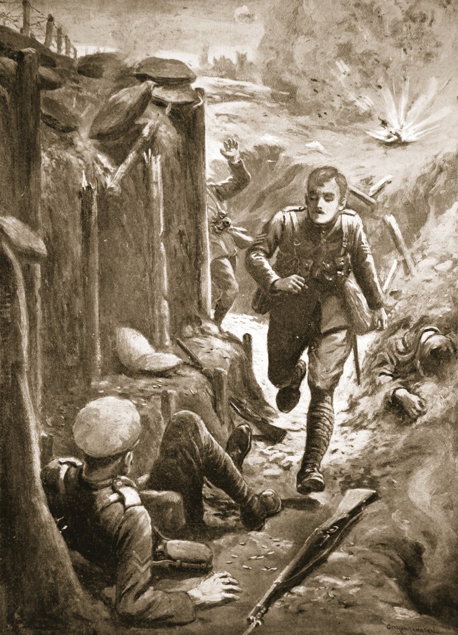 Çavuş Tuersley, bacağının yarısı bir top mermisi tarafından havaya uçurulmuş yaralı bir Onbaşıya yardım etmek için koşuyor. by George Derville Rowlandson