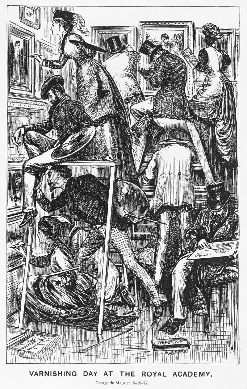 Kraliyet Akademisi'nde Vernikleme Günü, 'Punch' için illüstrasyon, 19 Haziran 1877 by George du Maurier