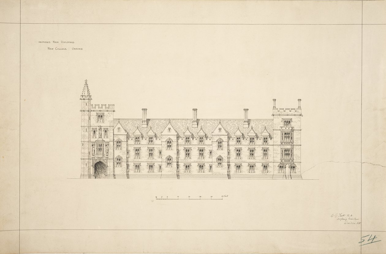 New College Oxford: Önerilen Yeni Binalar, 1870-79 (kağıt üzerine mürekkep) by George Gilbert Scott