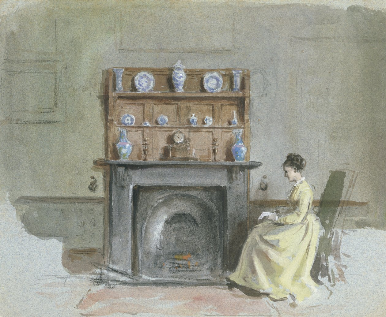 Lady Seated by Fireplace  by George Goodwin Kilburne