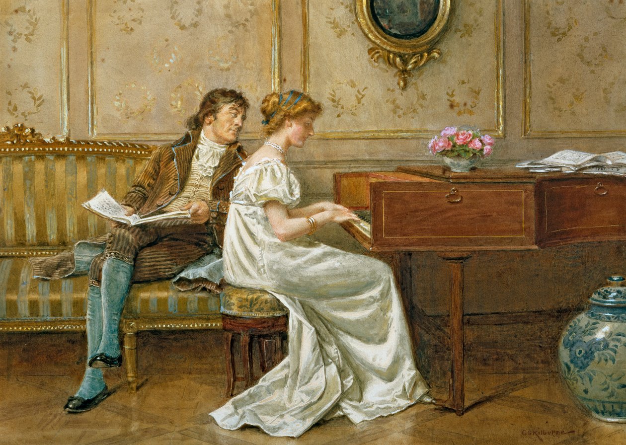 The New Spinet (kağıt üzerine kurşun kalem, wc ve guaj boya) by George Goodwin Kilburne