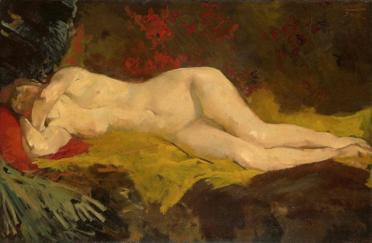 Anne, sarı bir bez üzerinde çıplak yatıyor. by George Hendrik Breitner
