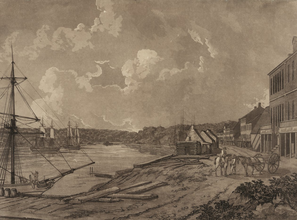 Washington şehrinin banliyölerinin görünümü (Georgetown sahili), c.1795 (aquatint) by George Isham Parkyns