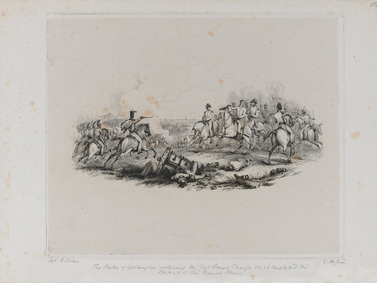 Unutulmaz Waterloo Savaşı - Wellington Dükü, Fransız Ordusunun yenilgisini tamamlayan Son Büyük Hücumu emrediyor, Samuel Mitan tarafından gravür, 1817 by George Jones