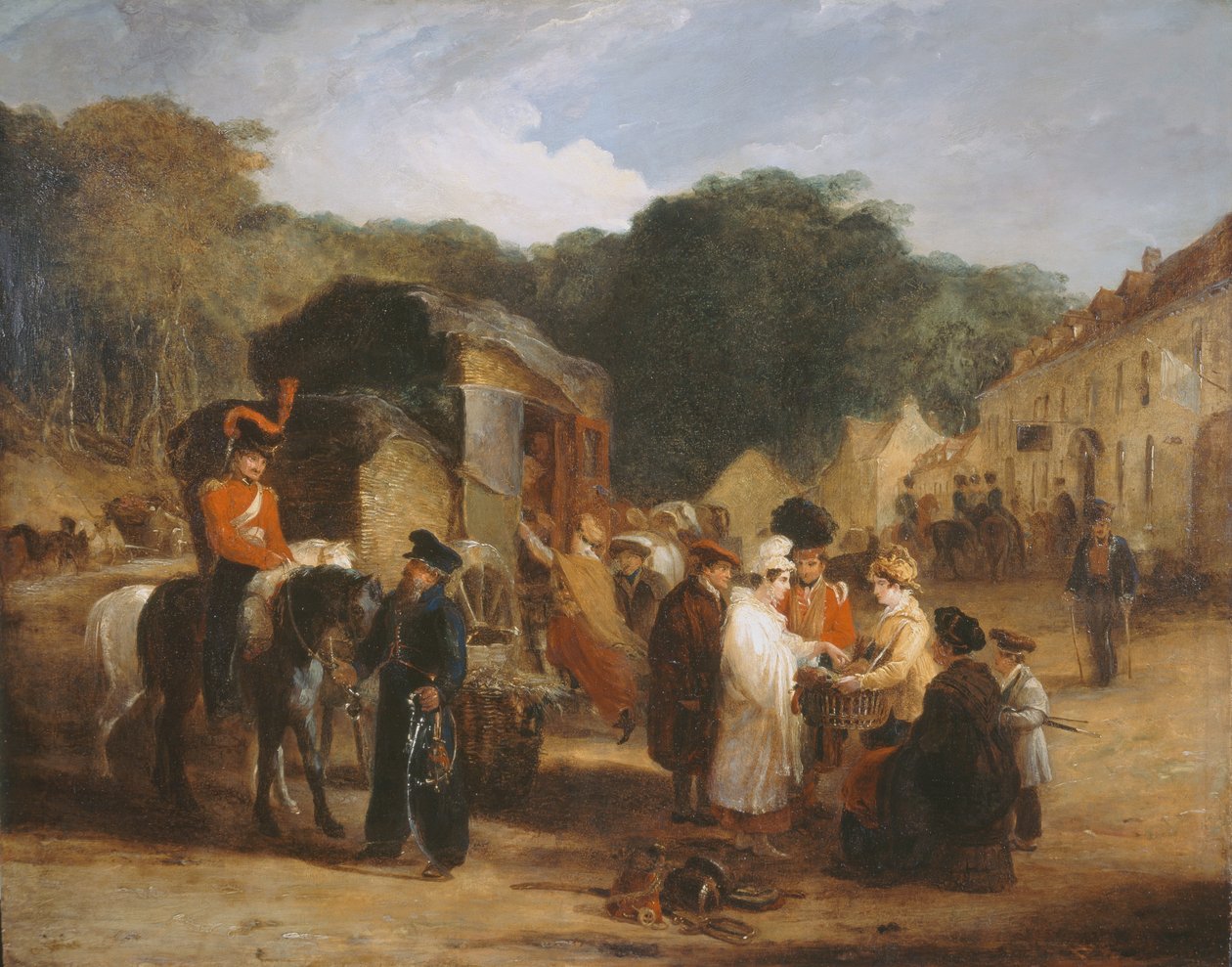 Savaş alanında bulunan kalıntıları satın alan gezginlerle birlikte Waterloo Köyü, 1815, c.1821 by George Jones
