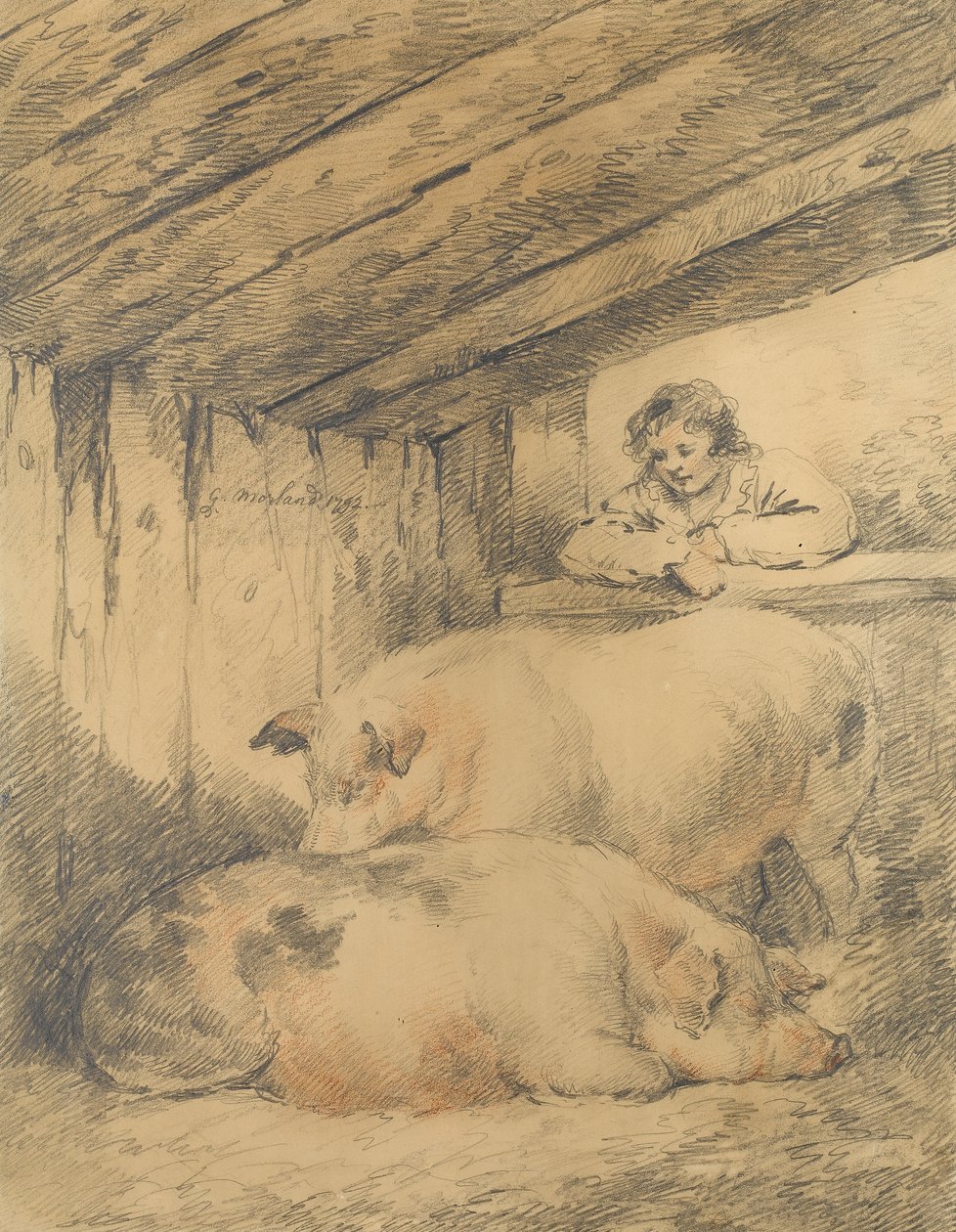 The Pigsty, 1792 (kağıt üzerinde kırmızı ve beyaz tebeşirli kalem) by George Morland