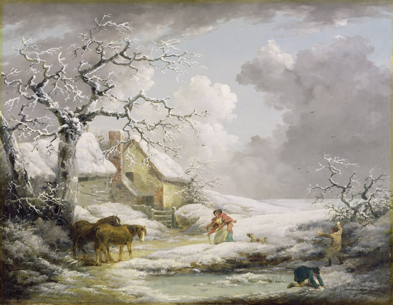 Yaşlı Bir Kadına Kartopu Eden Erkeklerle Kış Manzarası, 1790 by George Morland