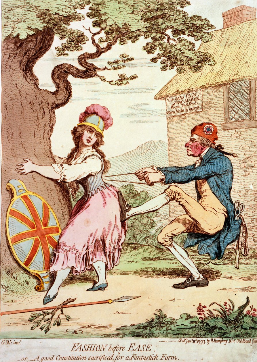 Kolaylıktan Önce Moda veya Fantastik Bir Biçim İçin Kurban Edilen İyi Bir Anayasa, pub. 1793 (el renkli gravür) by George Moutard Woodward