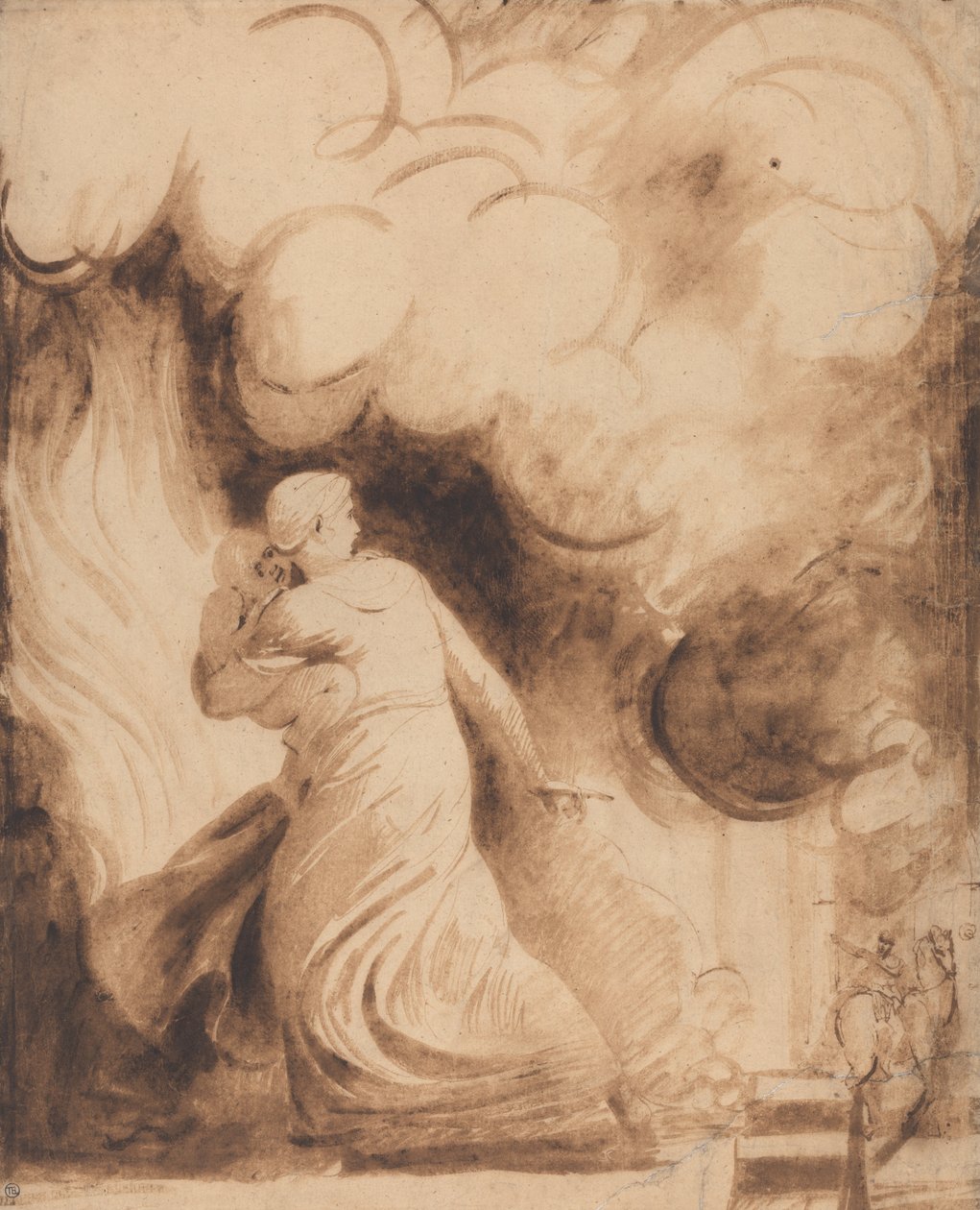 Alevler İçinde Bir Şehrin Surlarında Uçan Kucağında Çocuğuyla Bir Anne (Lady Hamilton as ... by George Romney