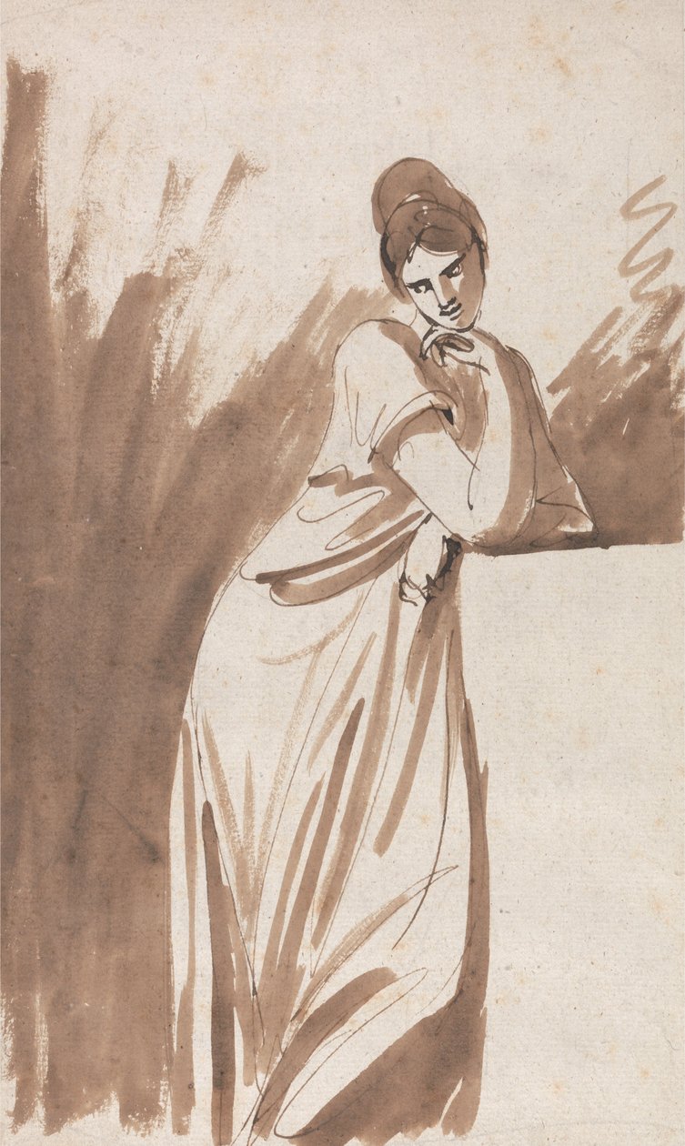 Sütuna Yaslanan Leydi- (Muhtemelen Miss Woodley için bir Eskiz) by George Romney