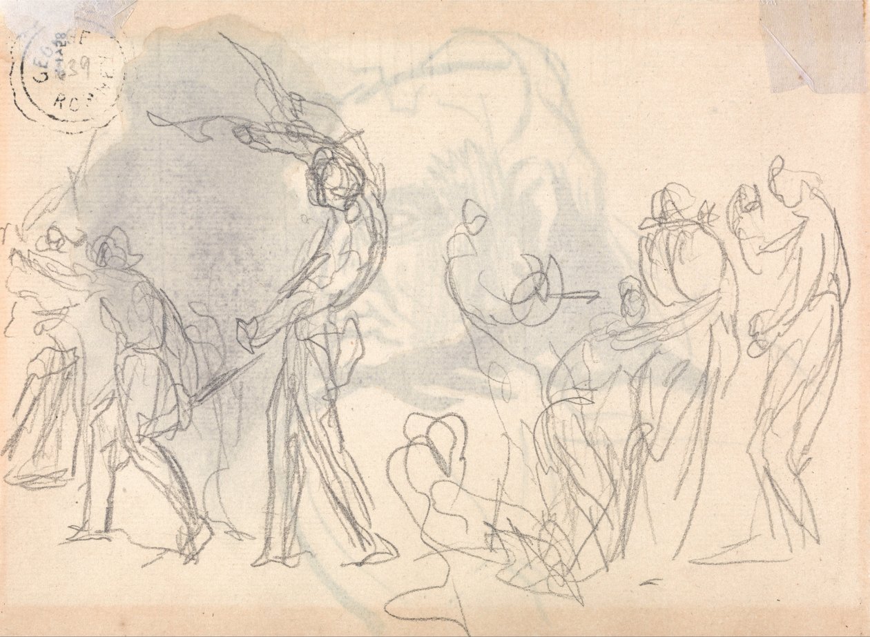 Arkalarında Korkan Bir Kadın Kalabalığı ile Savaşmaya Çıkan Erkekler by George Romney