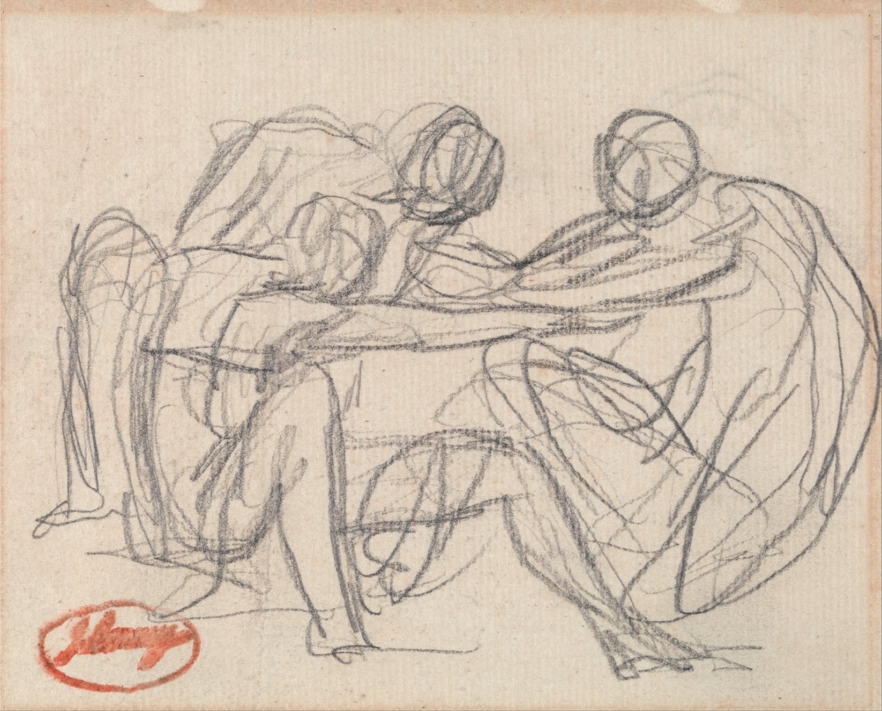 Oturan Bir Figürle Mücadele Eden İki Diz çökmüş Figür by George Romney