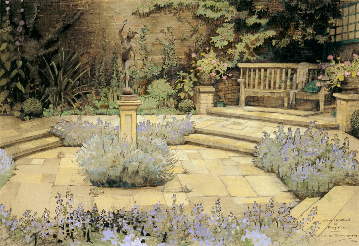 Percy Can, 1923 tarafından tasarlanan lavanta yatakları ile döşeli bir bahçenin görünümü (kağıt üzerinde tuvalet ve kalem) by George Sheringham