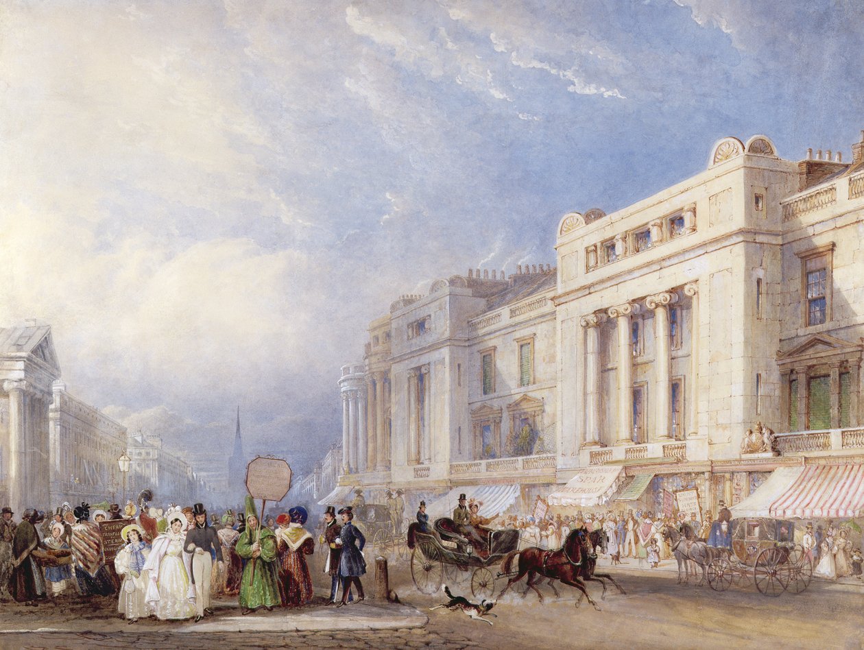 Regent Street, Londra, kuzeye bakıyor, sağda Dickins ve Jones ve solda Hanover Şapeli, 1835 (kalem üzerine wc ve guaj) by George Shepherd